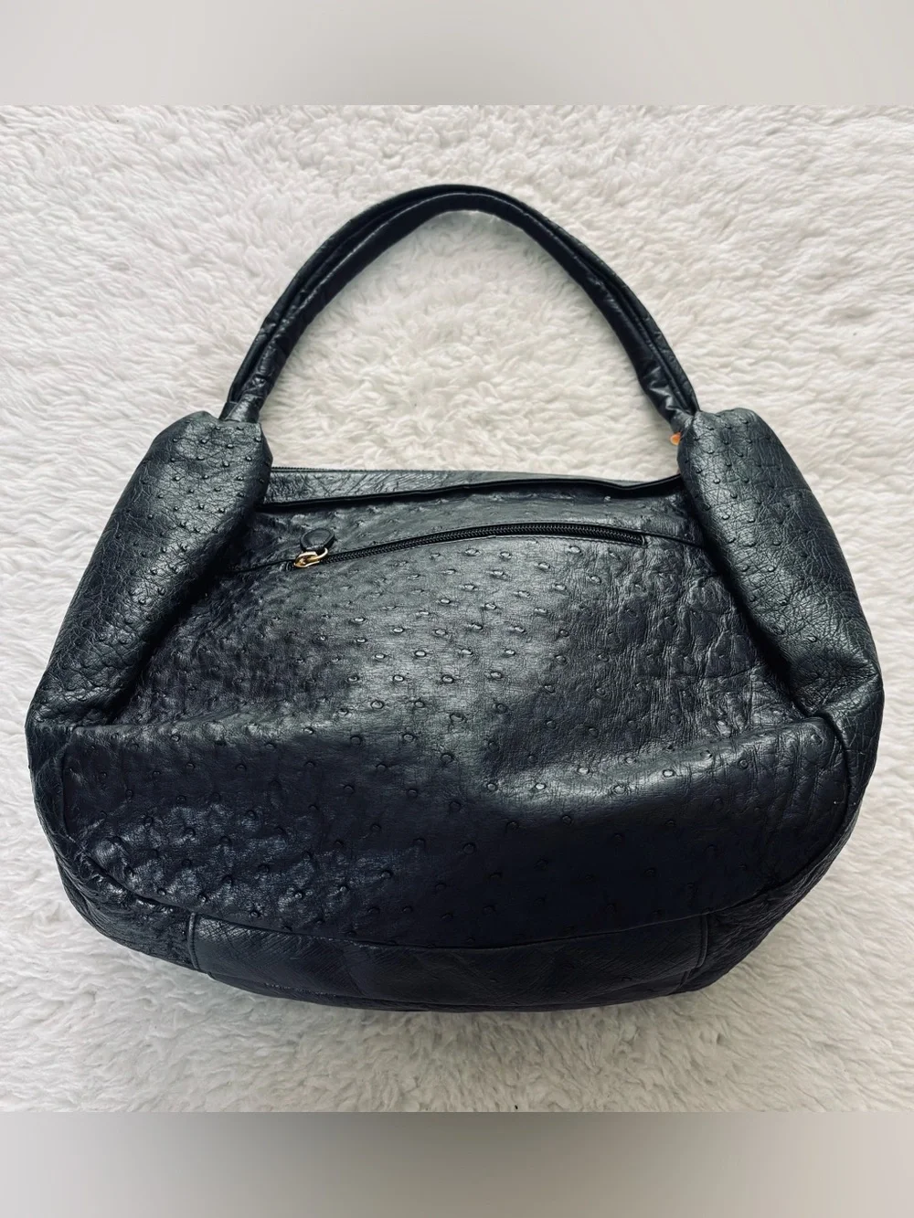 Vintage Black Genuine Ostrich Skin Leather Large Satchel Bag Size 13”x11”x7”